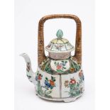 A Chinese famille verte wine pot and cover: with overhead 'bamboo' handle,