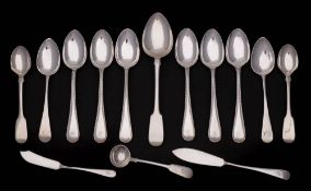 A mixed collection of silver flatwares, various makers and dates: includes butter knives,