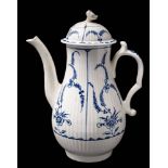 A First Period Worcester blue and white coffee pot and cover: of reeded baluster form with bud