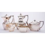 A silver plated five piece tea and coffee service: of rectangular outline with re-entrant corners,