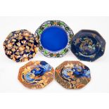 Five Wood & Son Bursley ware plates: each of octagonal form two in the Amstel pattern, one Arras,