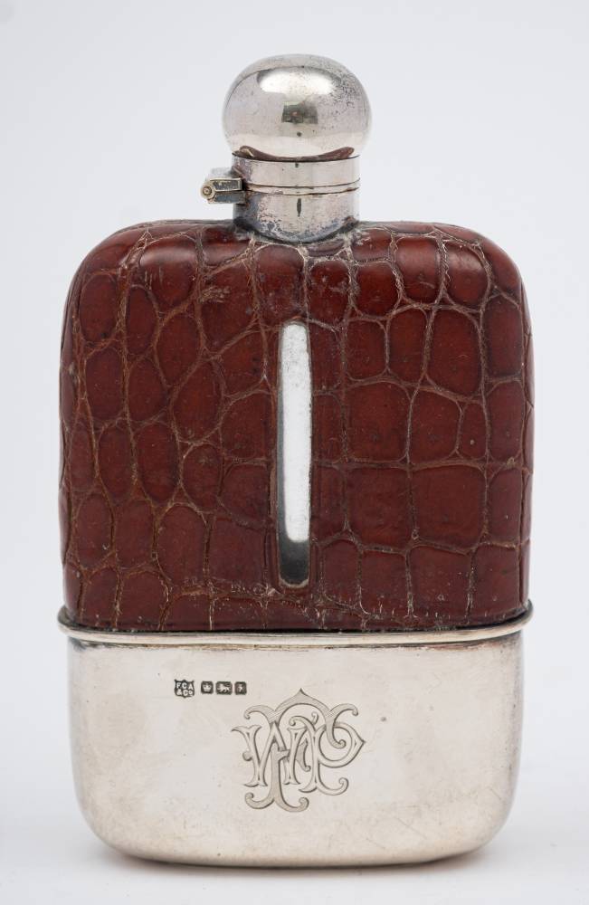 A George V clear glass, leather and silver mounted hip flask, maker Frederick Asman & Co, Sheffield,