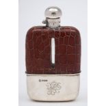 A George V clear glass, leather and silver mounted hip flask, maker Frederick Asman & Co, Sheffield,