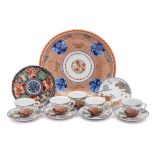 A group of Japanese Imari porcelain: comprising a set of five Fukagawa Koransha cups and saucers