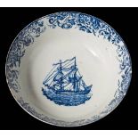 A Liverpool [John Pennington] blue and white ship bowl and one similar: the first printed with a