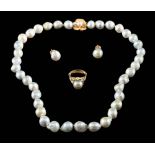A baroque-formed, cultured pearl yellow metal necklace and pair of earrings of light grey hue,