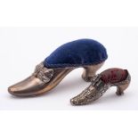 A Victorian novelty pin cushion, maker's mark worn, Birmingham, 1891: in the form of a shoe,