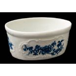 A rare First Period Worcester blue and white potted meat tub: transfer printed in 'The Floral Gift'