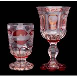 A Bohemian clear glass spa beaker and similar goblet: with cut and ruby flashed decoration,