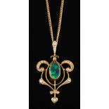 An Edwardian boulder opal doublet and seed pearl pendant,: circa 1905,