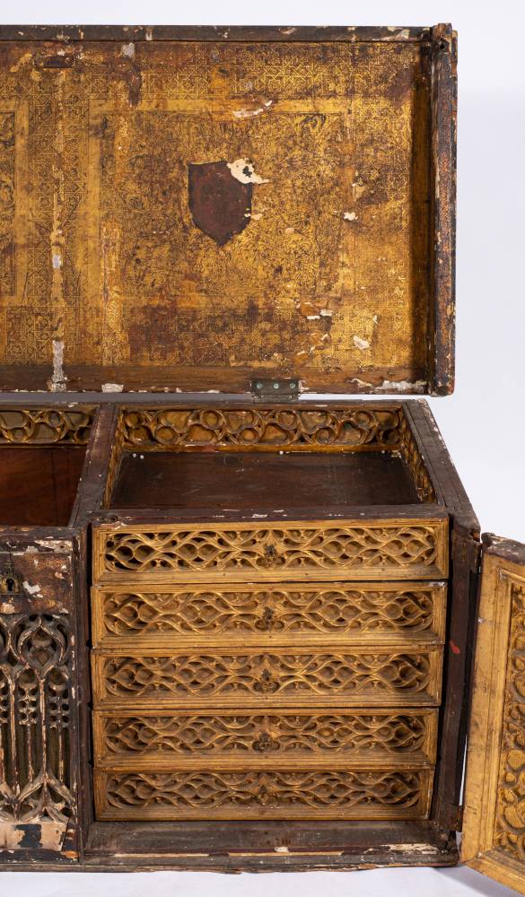 A rare Spanish Renaissance polychrome painted and parcel gilt walnut caja con cajones coffer, - Image 6 of 7