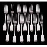 Twelve Victorian silver Fiddle pattern dessert forks, maker Chawner & Co, London, various dates: 16.