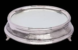 A silver plated cake stand: of large size and circular design,