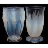 Two Verlys opalescent glass vases: both of footed form one moulded in the Les Chardons pattern,