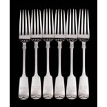 A set of six Victorian fiddle pattern table forks, maker GM ? , London, 1893: initialled, 463gms,