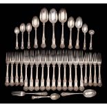 A matched Victorian silver Kings Scroll Rosette pattern part flatware service, maker Chawner & Co,