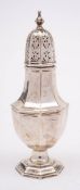 A George V silver sugar caster, maker's mark worn, Birmingham, 1923: of octagonal baluster form,