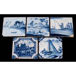 A group of five 18th century English blue and white delftware tiles: comprising a lady standing by