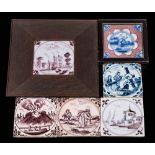 A group of six 18th century English blue and white and manganese delftware tiles: comprising