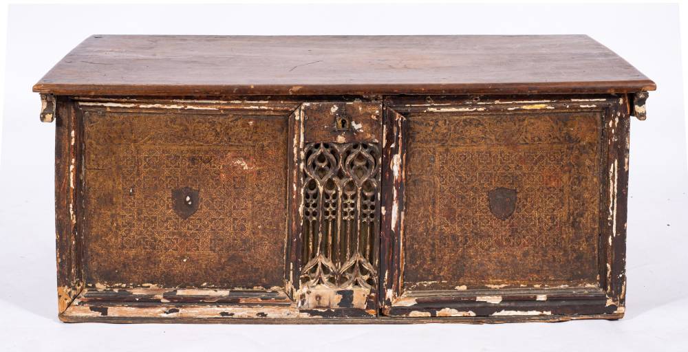 A rare Spanish Renaissance polychrome painted and parcel gilt walnut caja con cajones coffer,