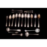 A collection of assorted teaspoons, sugar tongs, mustard spoons etc, various makers and dates,