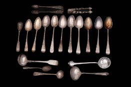 A collection of assorted teaspoons, sugar tongs, mustard spoons etc, various makers and dates,