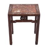 A Chinese hardwood and rouge marble inset stand, late 19th century,
