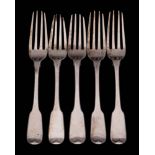 A set of five George IV silver Fiddle pattern dessert forks, maker William Eaton, London,