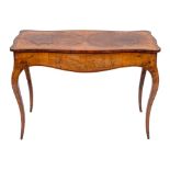 A late Victorian or Edwardian burr walnut and rosewood banded centre table in 18th century taste,
