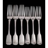 Six assorted silver Fiddle pattern table forks, various makers and dates: 432gms, 13.