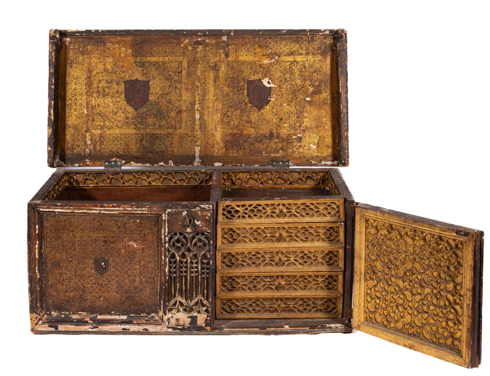 A rare Spanish Renaissance polychrome painted and parcel gilt walnut caja con cajones coffer, - Image 3 of 7