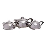 An Art Deco period electro-plated three-piece tea set: of domed circular outline,