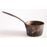 An 18th century bronze saucepan: of tapering cylindrical form with steel flared handle, 24cm long.