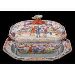A Chinese famille rose mandarin pattern octagonal tureen, cover and stand: with boar's head handles,