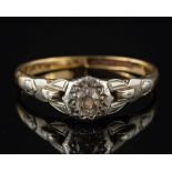 A diamond single stone ring,: set with an old cut diamond, stamped 18ct & plat, ring size N.
