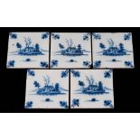 A set of five 18th century English blue and white delftware square tiles and two single tiles: the