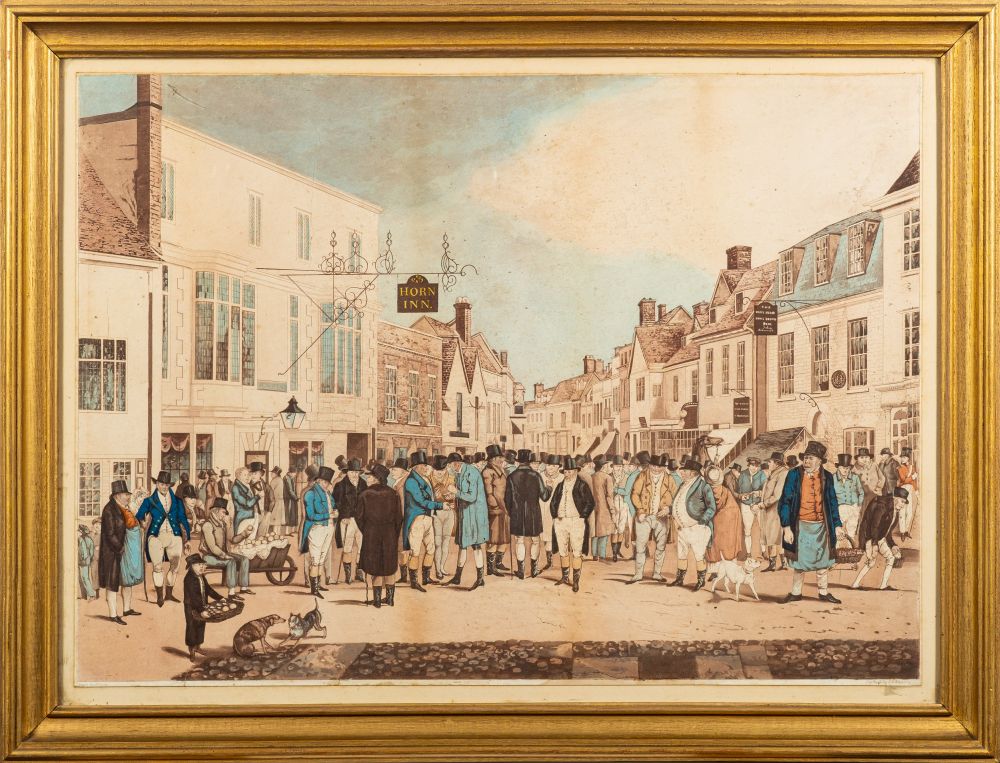 HORN INN : hand coloured aquatint, engraved by G. R. Reeve, after Rt. Crane. Size : 600 x 400 mm.