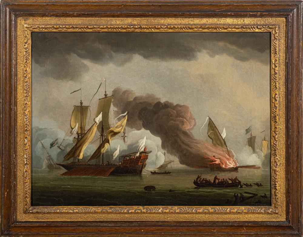 Attributed to Peter Monamy [1681-1749]- A naval engagement, figures being rescued in the foreground,
