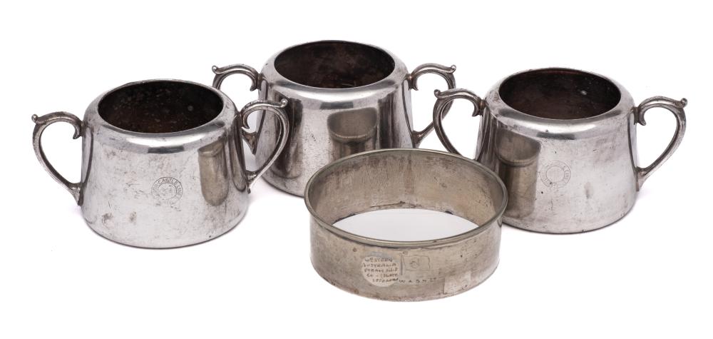 Three Union Castle Line silver plated twin handle sugar basins by Mappin & Webb Ltd: stamped with