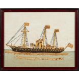 An early 20th century woolwork picture of the Royal Yacht 'Victoria and Albert': executed in gold,