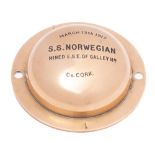 A WWI period brass boss for the British steam cargo ship SS 'Norwegian': inscribed 'March 13th