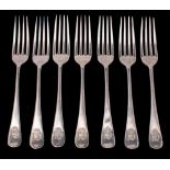 A set of six silver plated P&O dinner forks by Mappin & Webb, London: of Old English pattern,