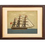 Am early 20th century woolwork of an unnamed merchant ship: fully rigged over black hull,