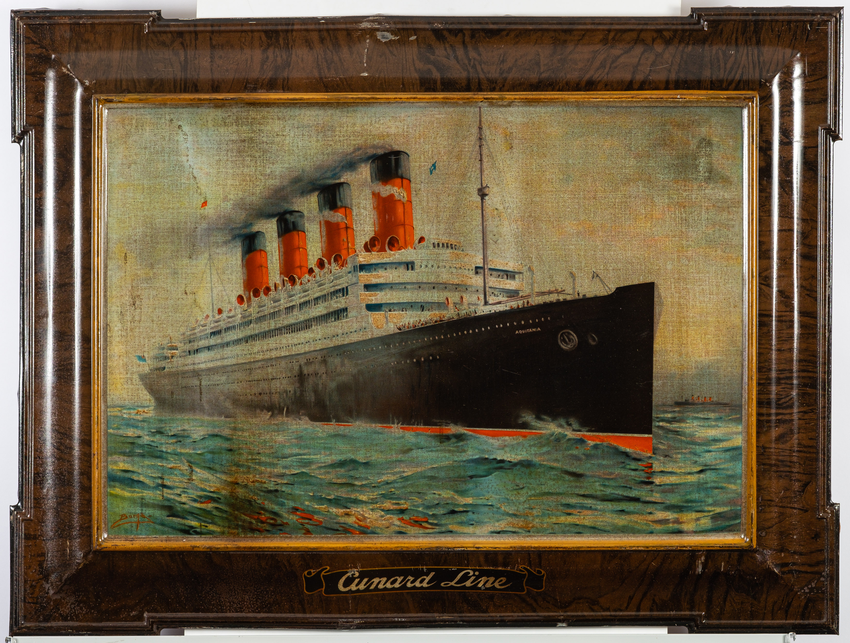 An early 20th century tinplate 'Cunard Line' advertising sign: with central polychrome lithograph