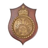 A bronze wardroom badge for the Royal Navy R-class destroyer HMS 'Saytr': inscribed 'Saytr' over
