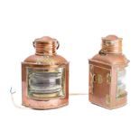A pair of copper and brass Seahorse ship's lamps: for 'port' and 'starboard',