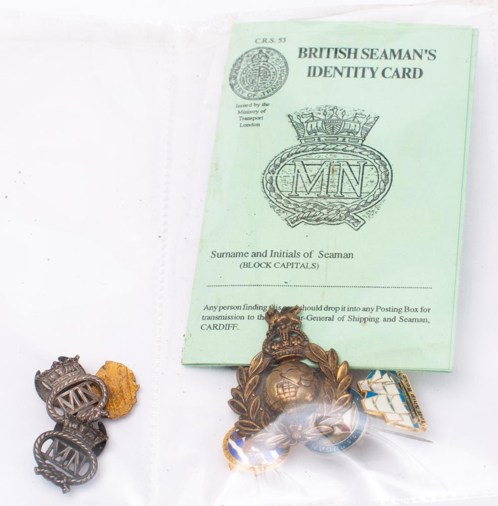 Two WWII period Merchant Navy lapel badges: together with a collection of related badges and three