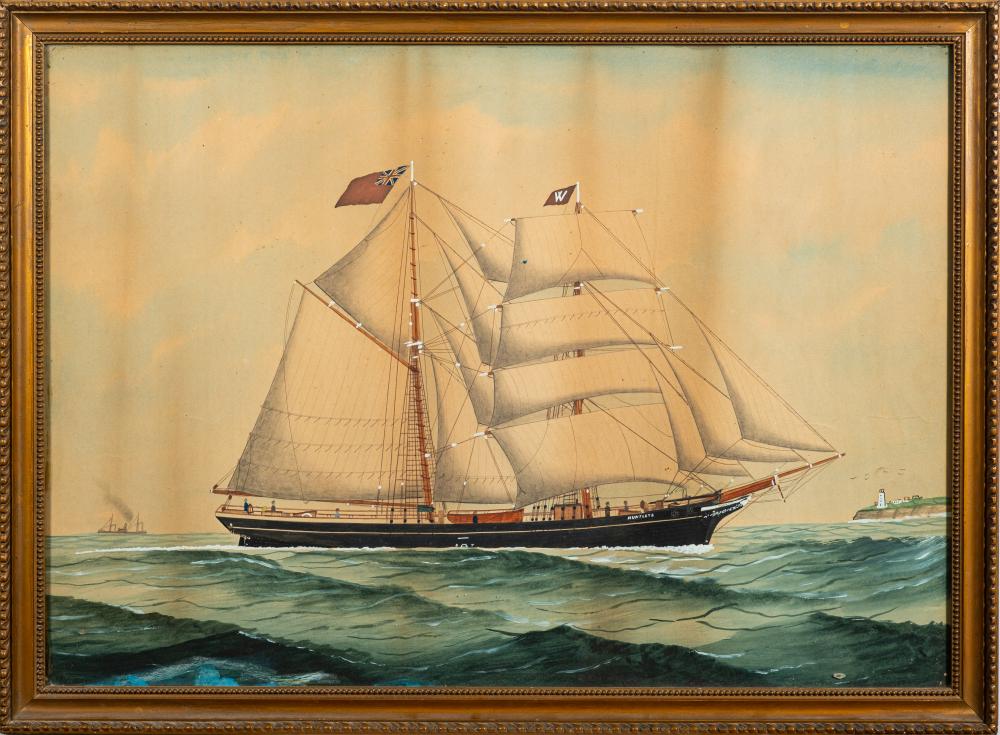 British School late 19th Century- Two-master coastal trader 'Huntleys', full sail,:- watercolour,