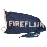 The ship's pennant from the Kent and Essex Thames Fireboat 'Fireflair': white text on blue ground,