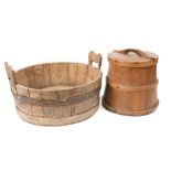 An oak and bound butter churn and cover: of tapering form, 32cm high,